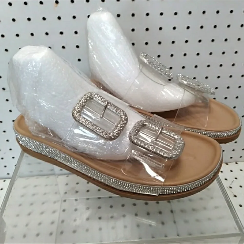 C Comfort | Women's Silver Sandals Rhinestone Flat Wedge Heel Strap Buckle Slide - Picture 6 of 9